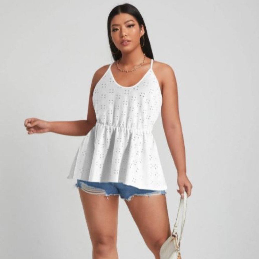 Plus Eyelet Embroidery Ruffle Hem Cami Top